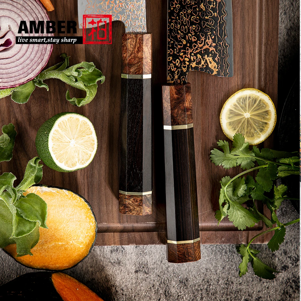 Amber New Arrival Three-color Copper 37 layers Damascus Steel VG10 Mirror polished blade Kitchen Chef Utility Knife Set