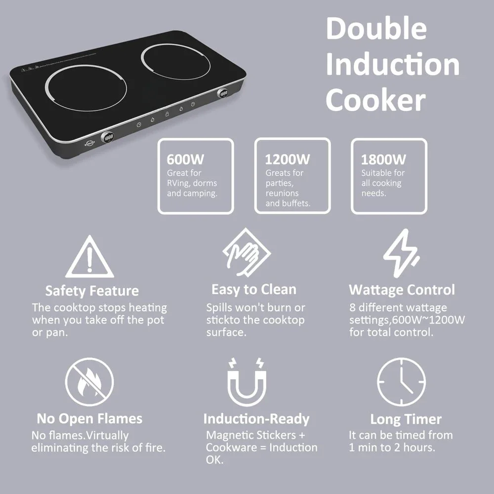 Elektrischer Induktionsherd, 1800 W Sensor-Touch-Heizplatte, 8 Power 8 Temperature Set Arbeitsplattenbrenner, doppeltes Induktionskochfeld