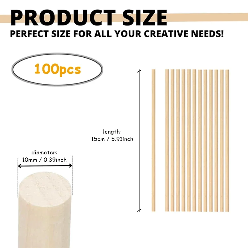 100pcs 15cm Wooden Dowel Rods, Precut Natural Wood Sticks for Craft and DIY Projects, Tiered Cake Dowels, Art Supplies