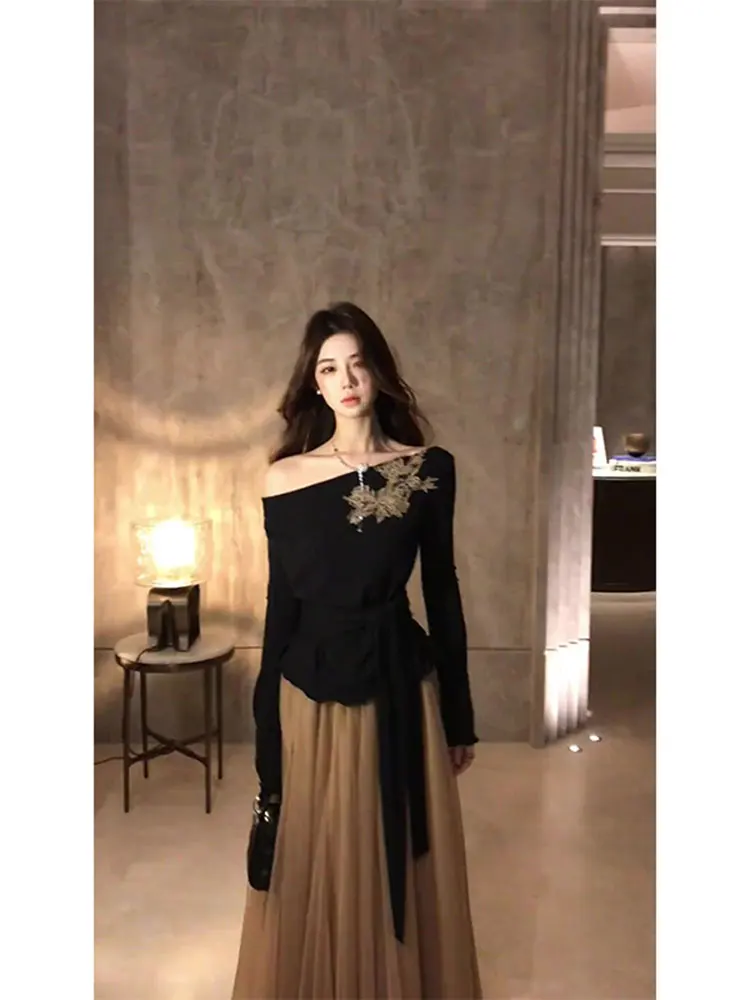 Large Size Black Embroidered Asymmetrical Shoulder Belted Long Sleeve Top And Mesh Skirt Set Women's Autumn New Style Brown view 3
