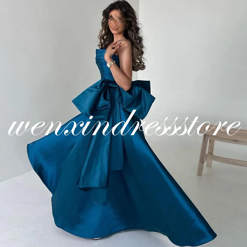 Modern Women Prom Dress Blue Exquisite A-Line Evening Dress O-neck Bow Satin Sleeveless Floor Length Pleats Saudi Arabia