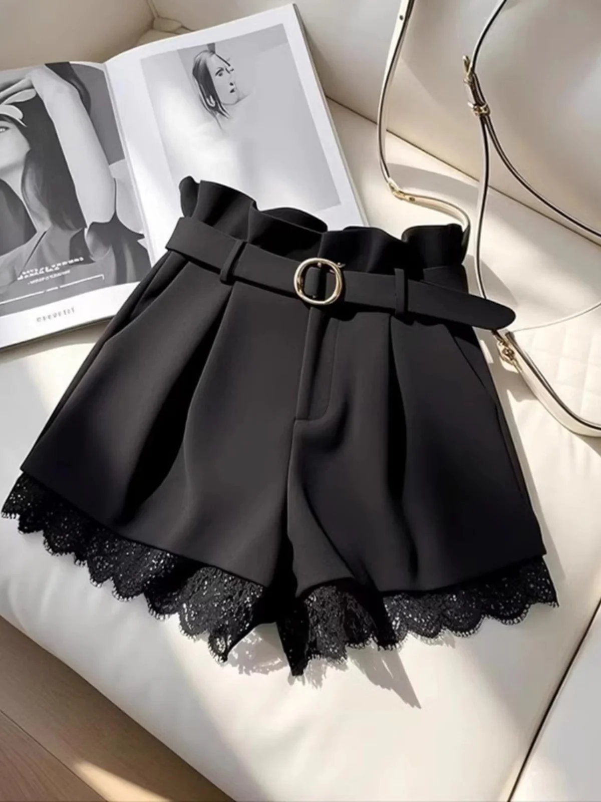 黒ハイウエストレースパッチワークスーツショーツ女性の春小さいサイズフィギュアショー痩身ホットガールカジュアルパンツワイドレッグ