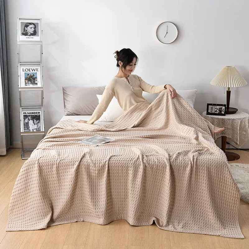 Soft Waffle Plaid Blanket Throw Thin Summer Quilt Knitted Cotton Bedspread Home Hotel Bed Coverlet Green Grey Office Nap Blanket