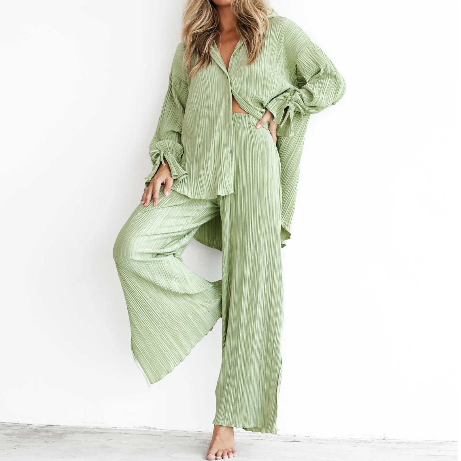 Women\'s Home Pajamas Set New Fashion Slit Pajamas Pleated Shirt Set Solid Color Casual Top Long Sleeve Pants Set