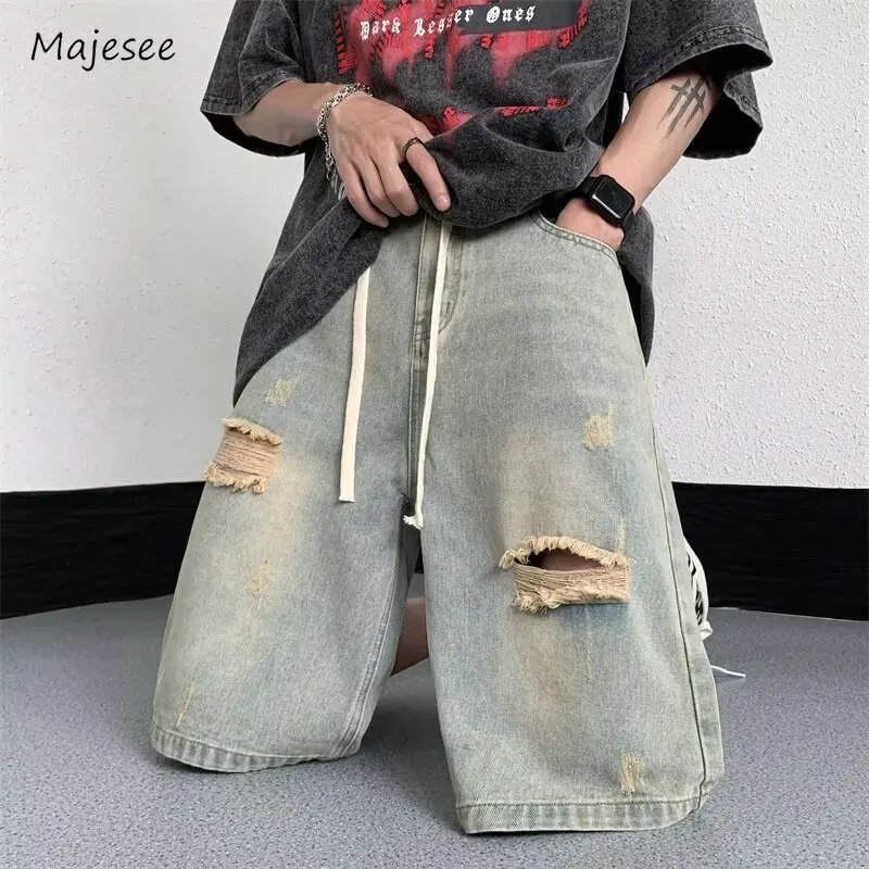 Men Shorts Baggy Hole Denim Drawstring Summer High Street Knee-length Trashy Creativity College American Style All-match Chill