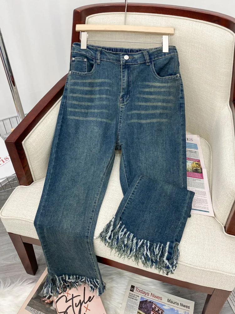 

plus Size Women's High Waist Loose Straight Leg Jeans High Waist Frayed Hem Nine Point Denim Pants Casual Comfortable Jeans