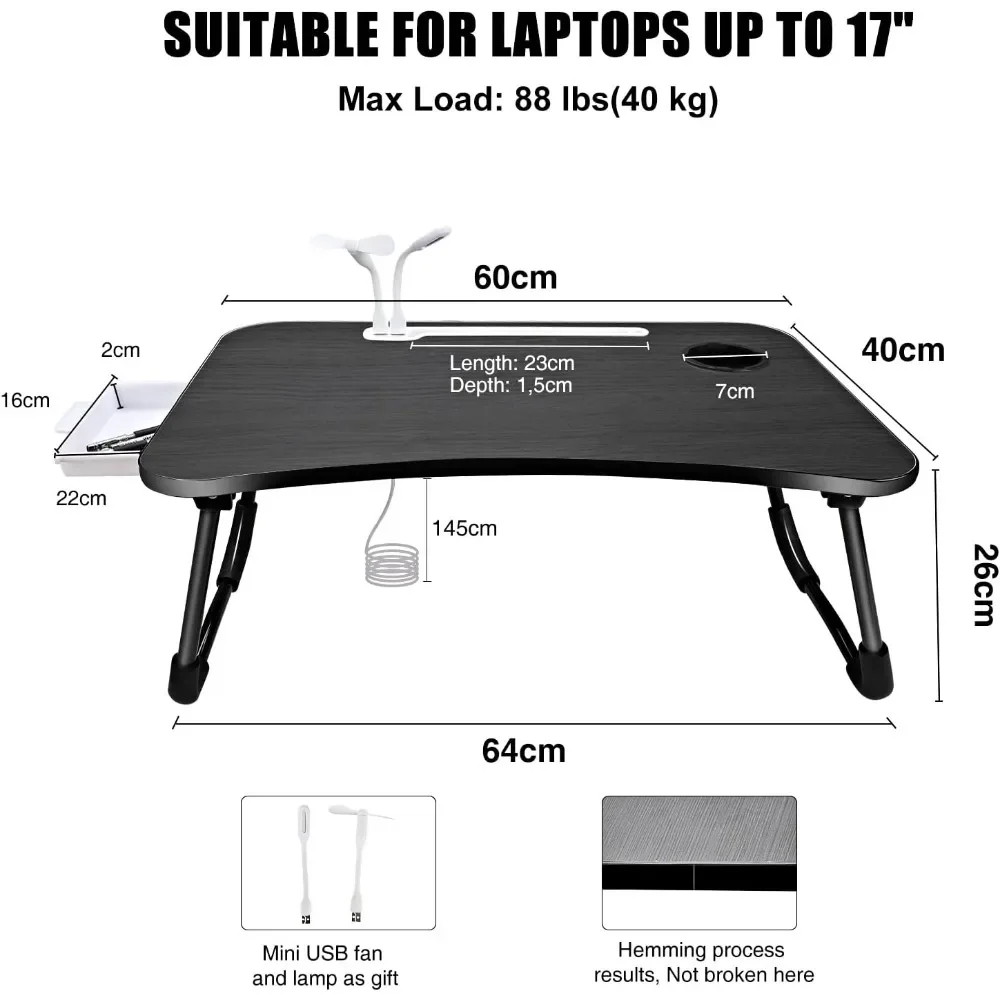 折りたたみ式ラップトップ,ラップトップ,ベッドトップ,USB充電ポート付きテーブル,カップホルダー,収納引き出し