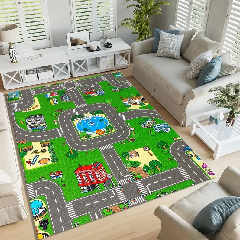 Kids Racing Car Track Circuit Carpet Mat Rug Toy Car Playmat Home Decoration Floor Rugs for Living Room Bedroom Playroom