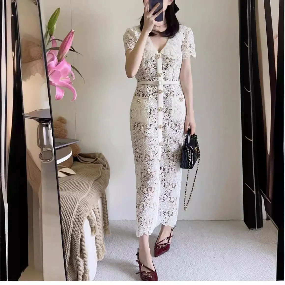 

Sexy A Line Women Prom Dress White Lace Short Sleeves Photograph Evening Party Gown Robes With Belt