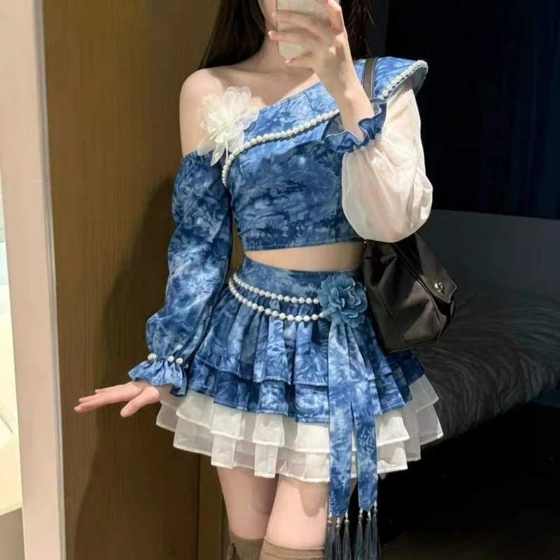 Ensemble jupe Lolita élégant style japonais vintage pour femme, avec haut doux à épaules dénudées, jupe mini à volants taille haute tie-dye, tenue décontractée Y2K