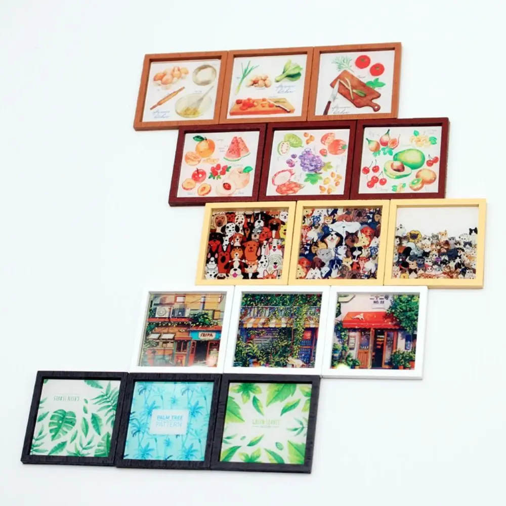 Wooden Dollhouse Mini Frame Mural for 1/3, 1/6 BJD Square Wall Painting Miniature Dollhouse Modern Style Illustration Game