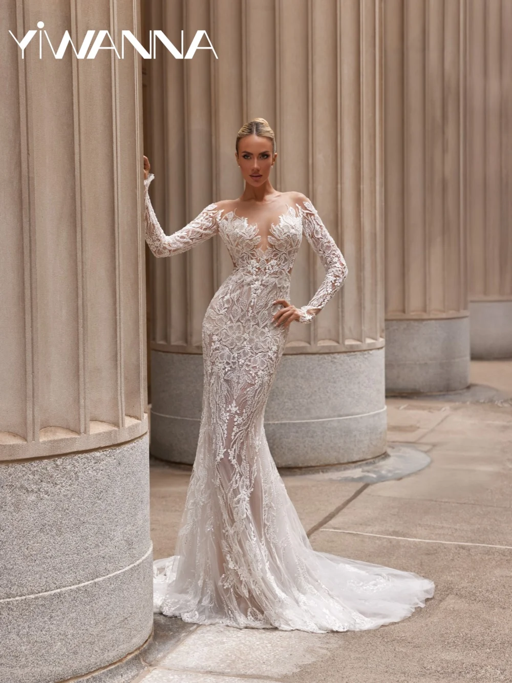 

Dreamy Embroidery Beaded Lace Wedding Dress Oneck Long Sleeved Bridal Gown New Customized Attractive Mermaid Dresses For Bride