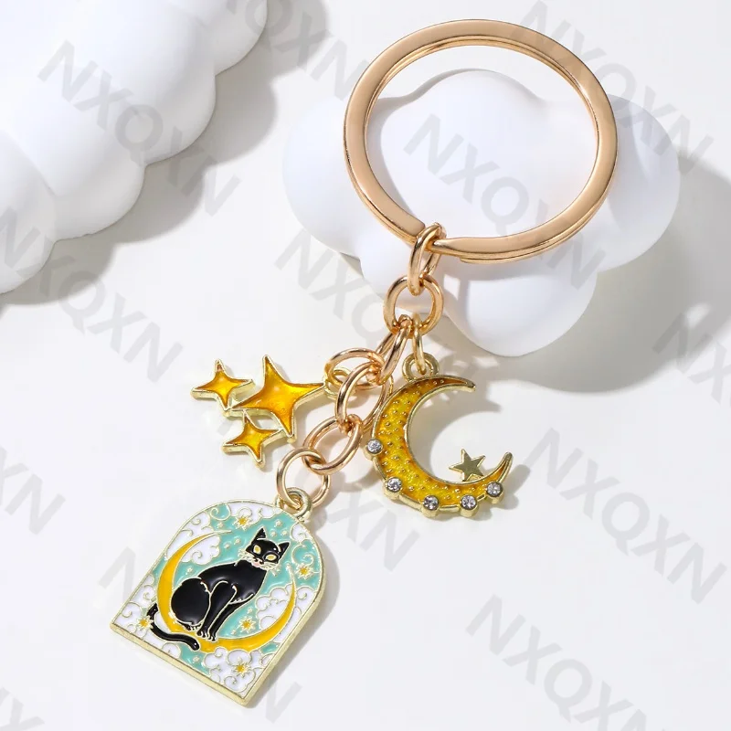 Mysterious Sun Moon Star Cat Enamel Keychain Cartoon Animals Natural Key Ring For Women Men Friendship Gift Handmade Jewlery Set