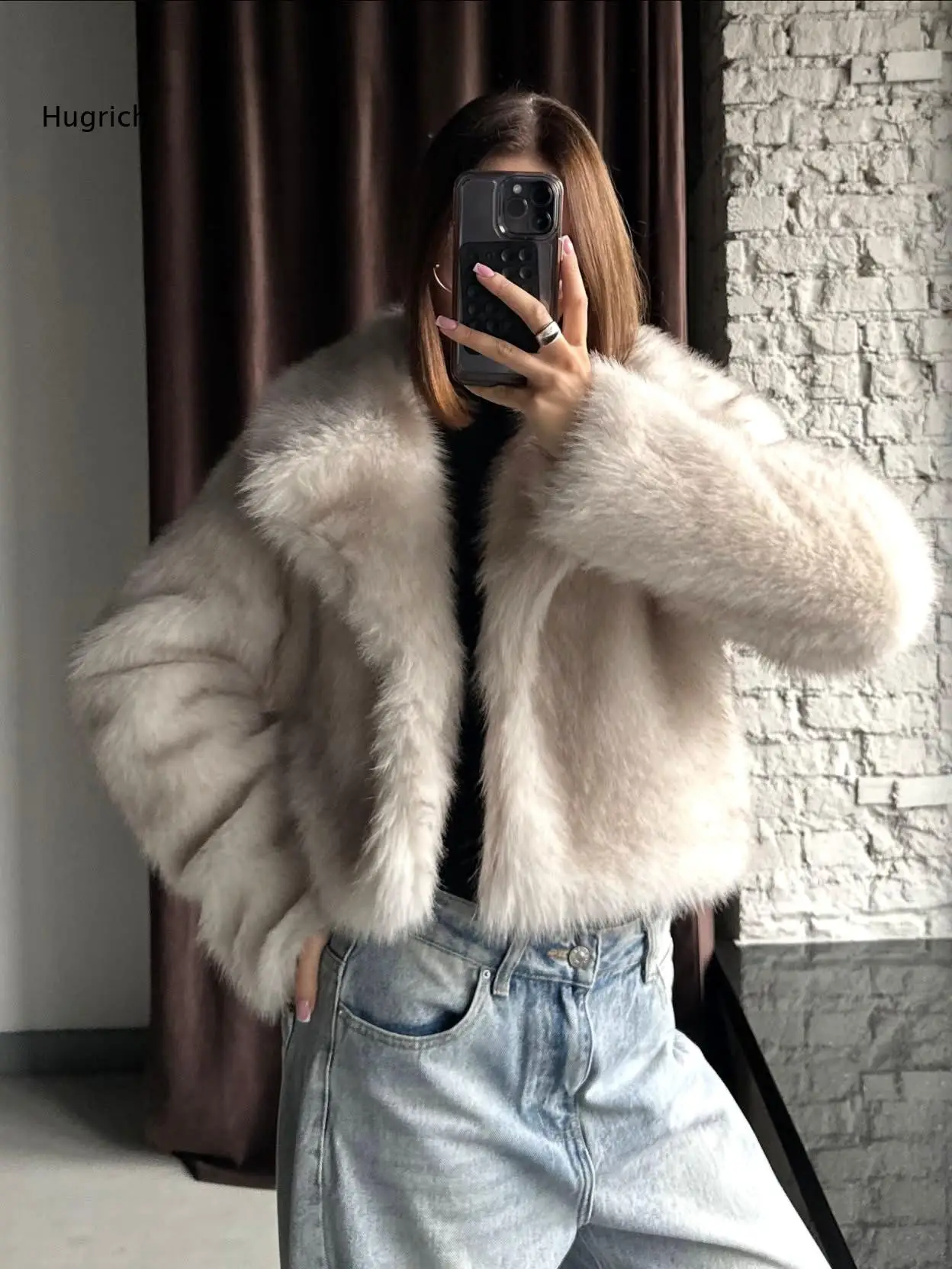 Women Wide Lapel Cropped Faux Fur Jacket Long Sleeve Open Front Fluffy Short Plush Coat Winter Streetwear Outerwear