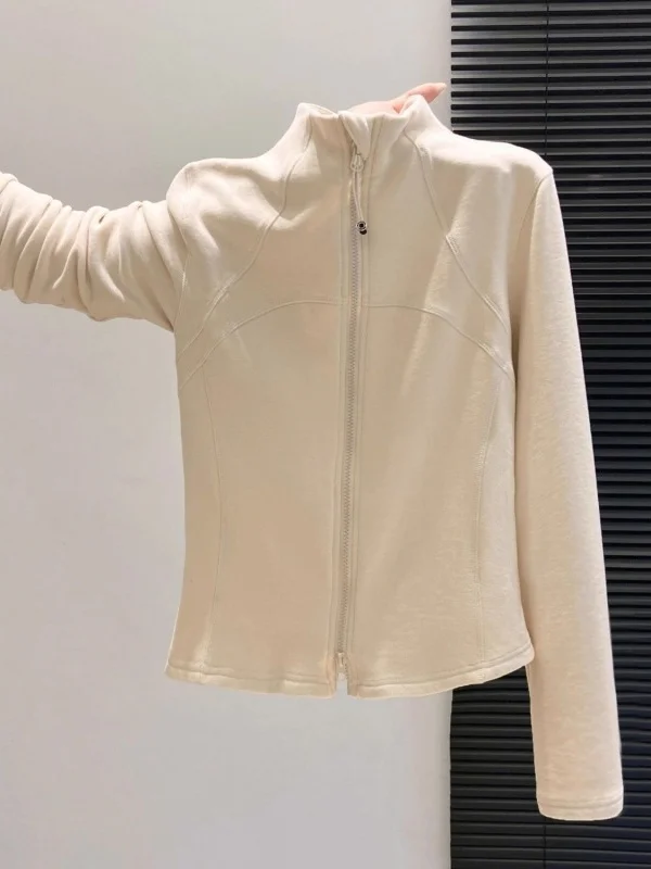 

Autumn Winter Women's Long Sve Cardigan T-irt Double Zipper Waist Cinched Commute Versatile Top Outerwear f High Collar
