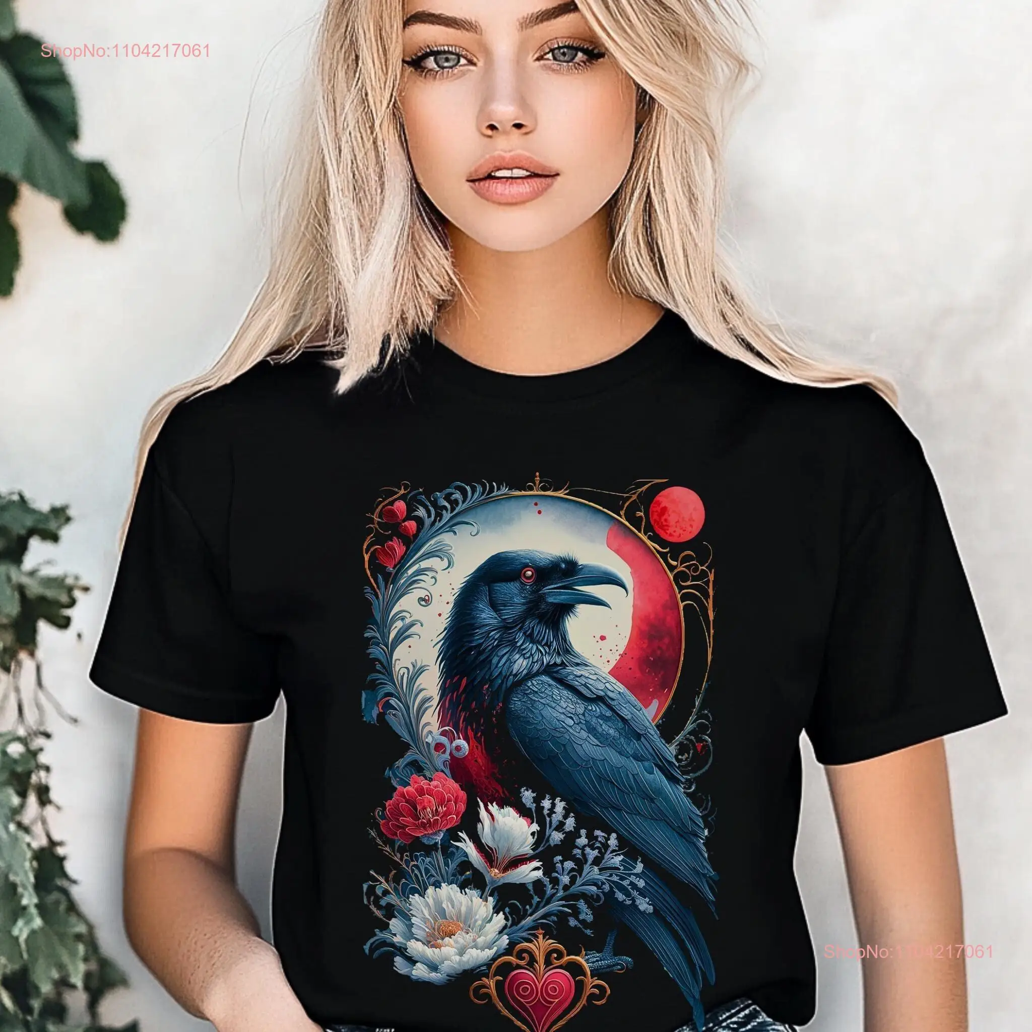 Raven Gothic T Shirt Mystical Dark Art Design with Moon and Floral Accents Nevermore Edgar Allan Poe Alt Apparel