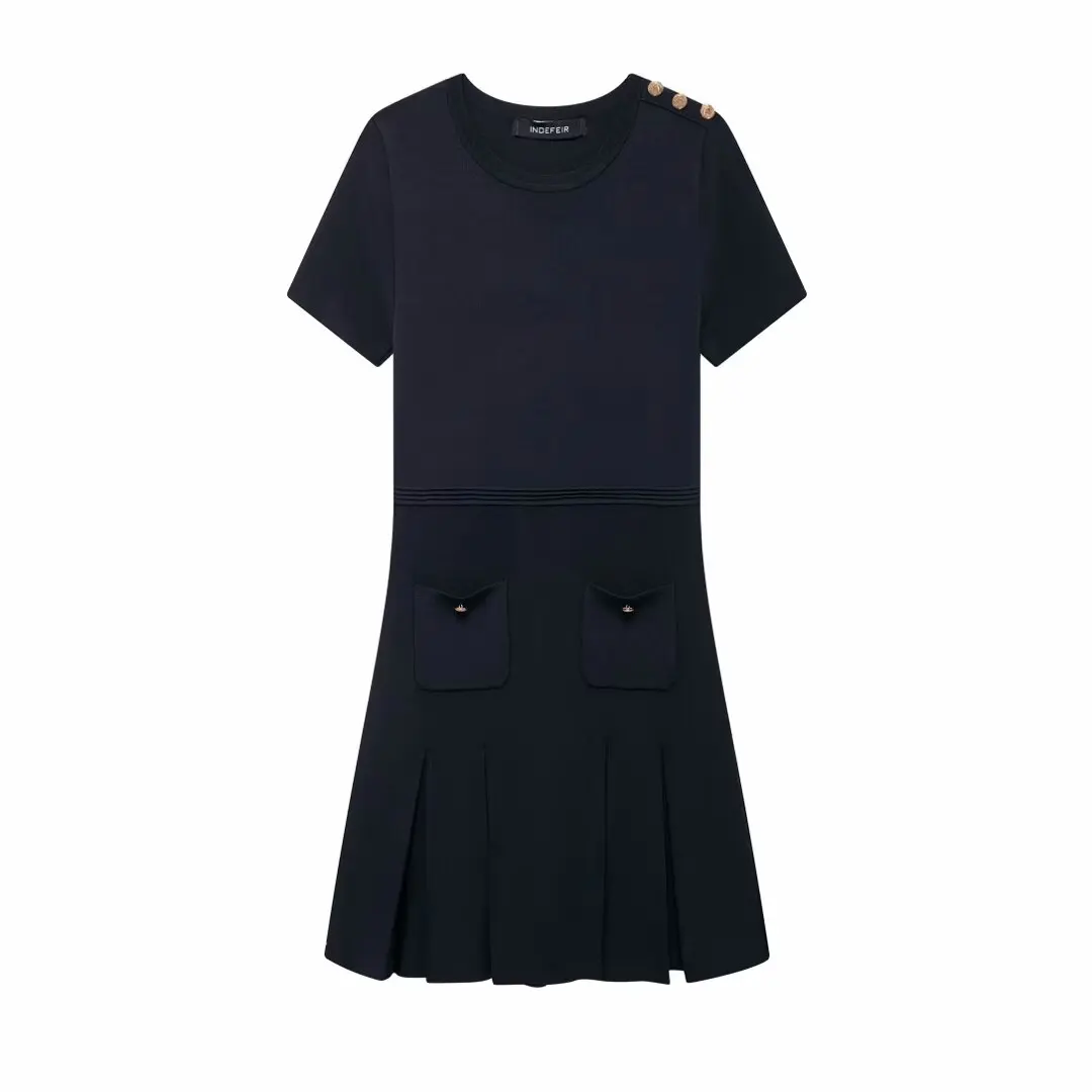 

HH TRAF Female Summer Elegant Dresses Black Wide Pleat Pocket O-Neck Short Sleeves Pullover Knit Women's Button Mini Dress Mujer