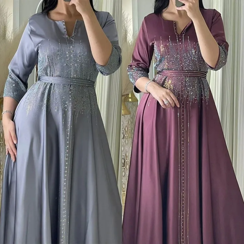 Luxury Evening Dresses for Women Glitter Diamonds Robe Moroccan Kaftan Muslim Gowns Islamic Female Abaya Dubai Party