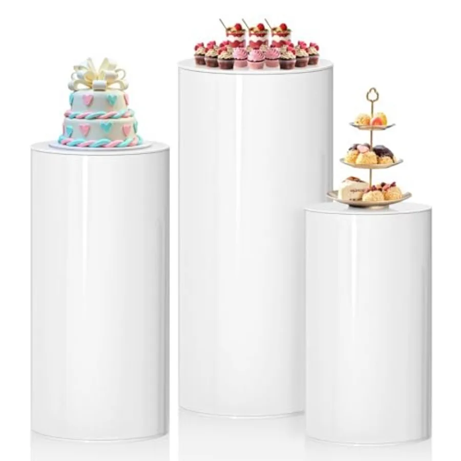

3Pcs White Cylinder Pedestal Stands, Thickened PVC Round Pedestal Display Plinth Pillars for Wedding Birthday Babyshower Decorat