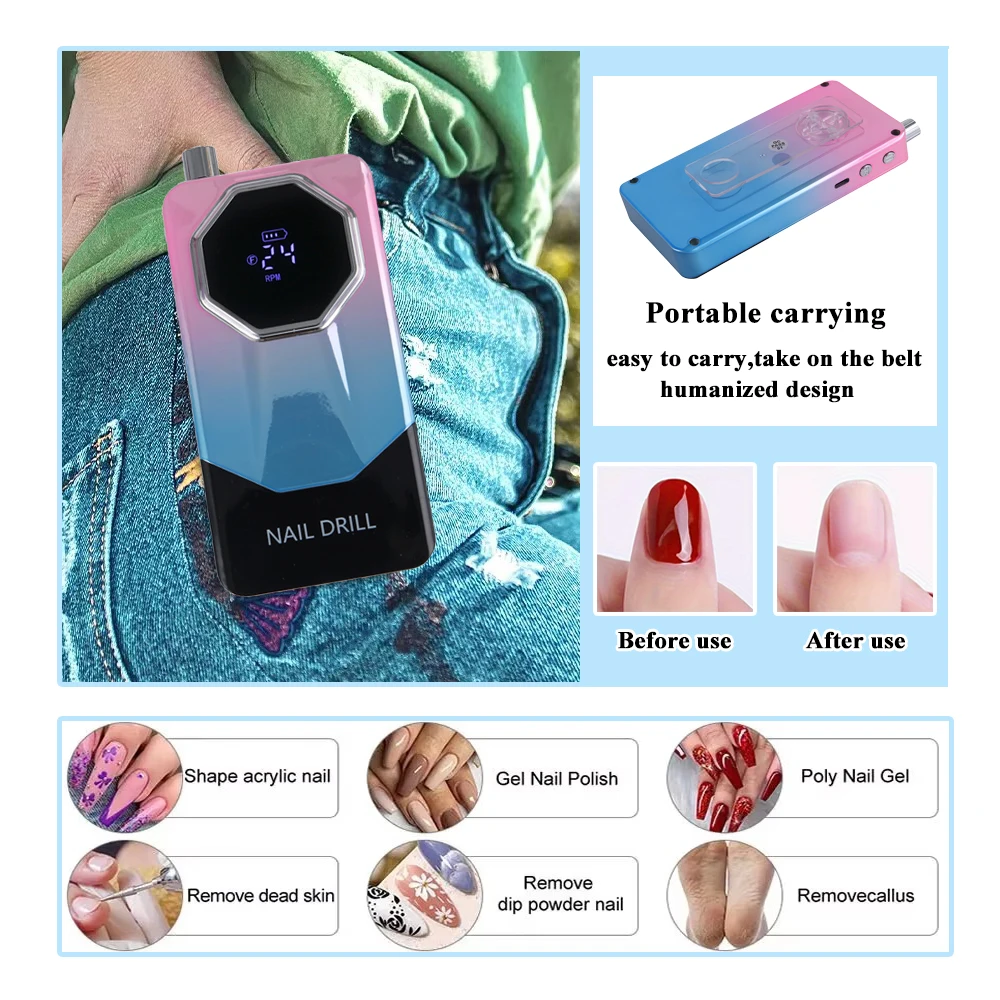 2024 New 45000RPM Portable Nail Drill Machine Rechargeable Electric Nail File With HD LCD Display Professional Nail Polisher