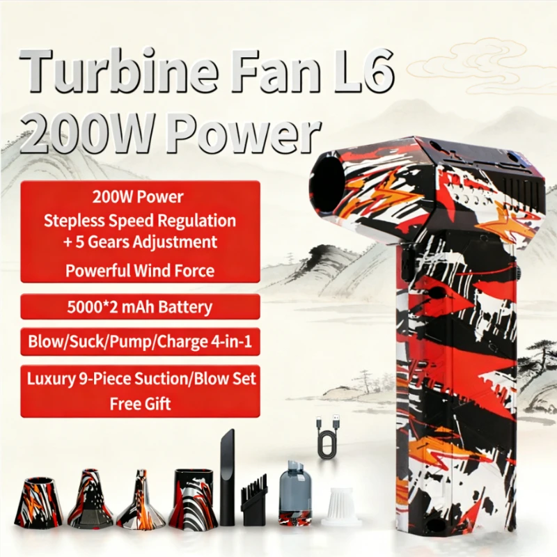 

L6 200W Turbine Fan High-Power Car Wash Gun Dual Battery 4-in-1 Multifunction with 4 Accessories for Car Cleaning