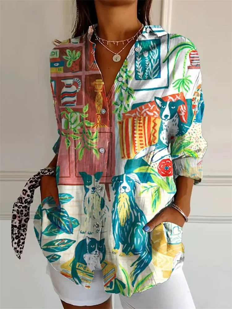 قميص نسائي بنمط الربيع والخريف قميص نسائي كاجوال بأكمام ثلاثة أرباع وطية صدر السترة ثلاثي الأبعاد مطبوع رقميًا بألوان قوس قزح