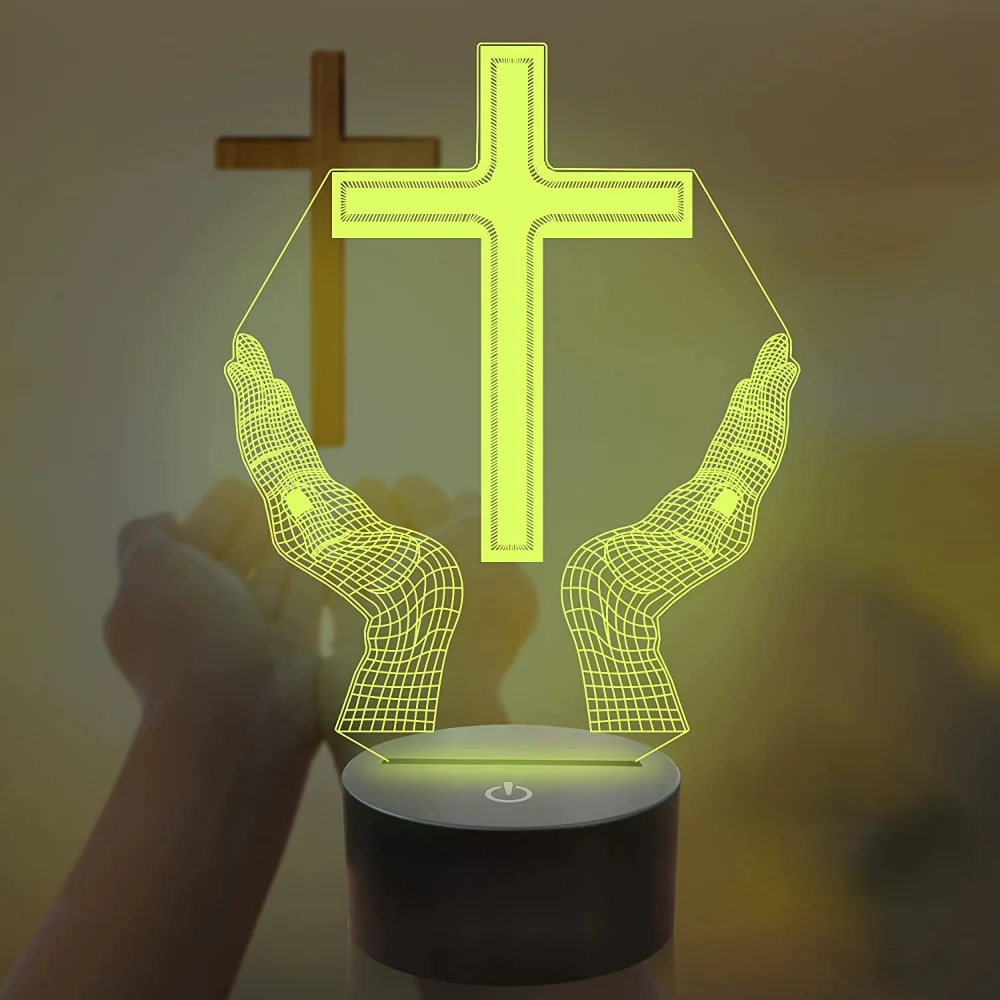 Nighdn Jesus Cross 3D Night Light for Friends Xmas Easter Room Decor Gifts Crucifix Optical Illusion Desk Table Lamp Nightlight