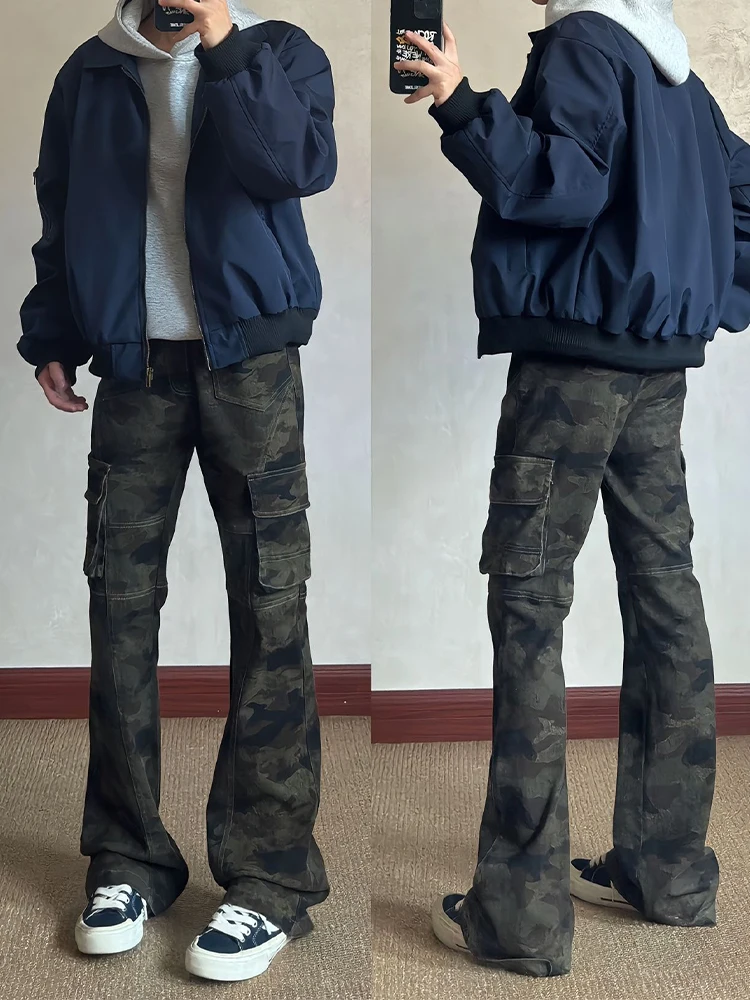 

American Retro Camouflage Work Pants Men's Autumn Trendy High Street Leg Lengthening Flared Jeans Slim Straight Denim