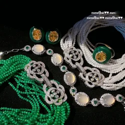 Women Rose Opal Necklace White Chalcedony Flower Zircon Bracelet