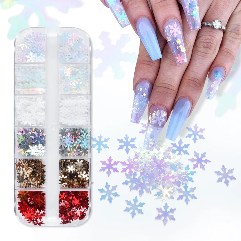 12 Grids Snowflakes Christmas Nail Art Decorations Xmas Snow Flakes Mermaids Glitter Nails Sequins Winter New Year Accessories