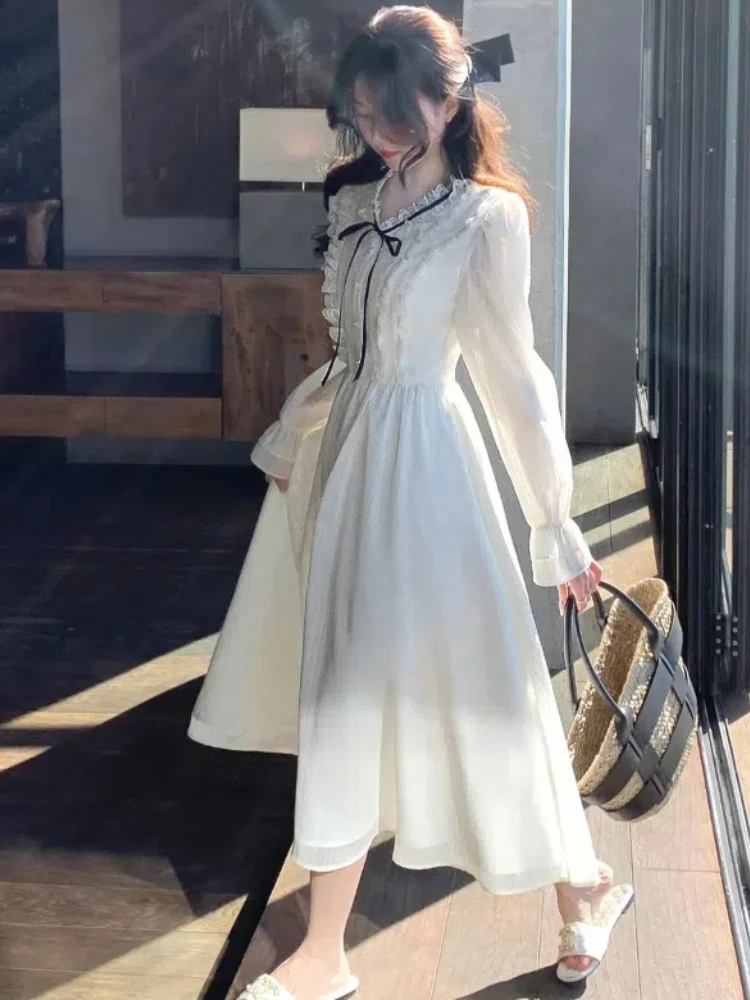 

Женское шифоновое платье средней длины, элегантное пляжное шифоновое платье с длинным рукавом, однотонное платье в Корейском стиле, лето 2024