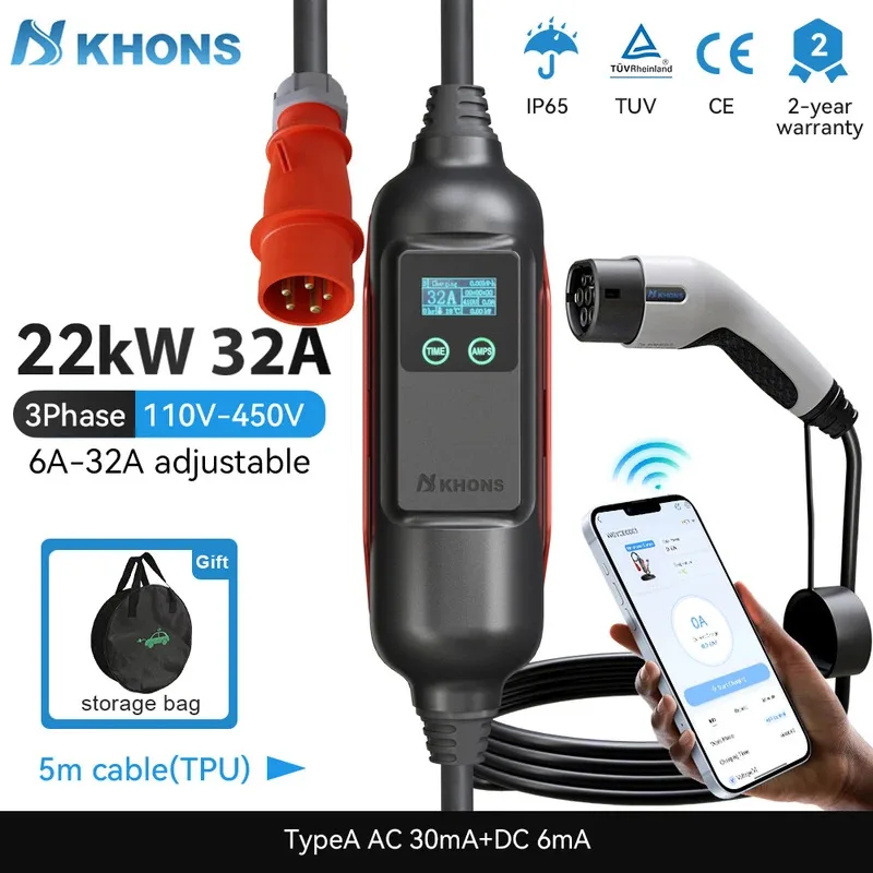 

Portable EV Charger Type2 32A 22KW EVSE 3Phase Charger Red CEE Plug Suitable For EV Charging WIFI-APP Control 5M Cable