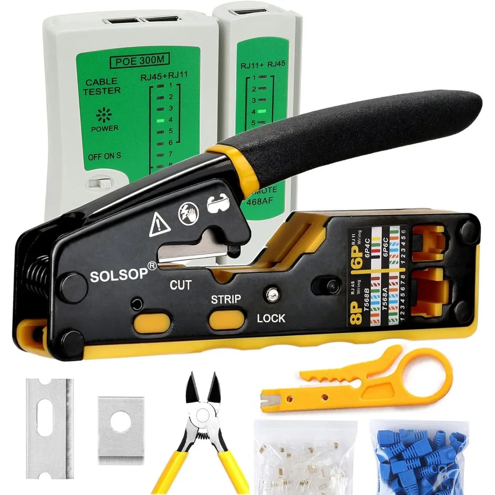 

Профессиональный набор инструментов для обжима RJ45 для Ethernet-кабелей, включает разъемы и тестер