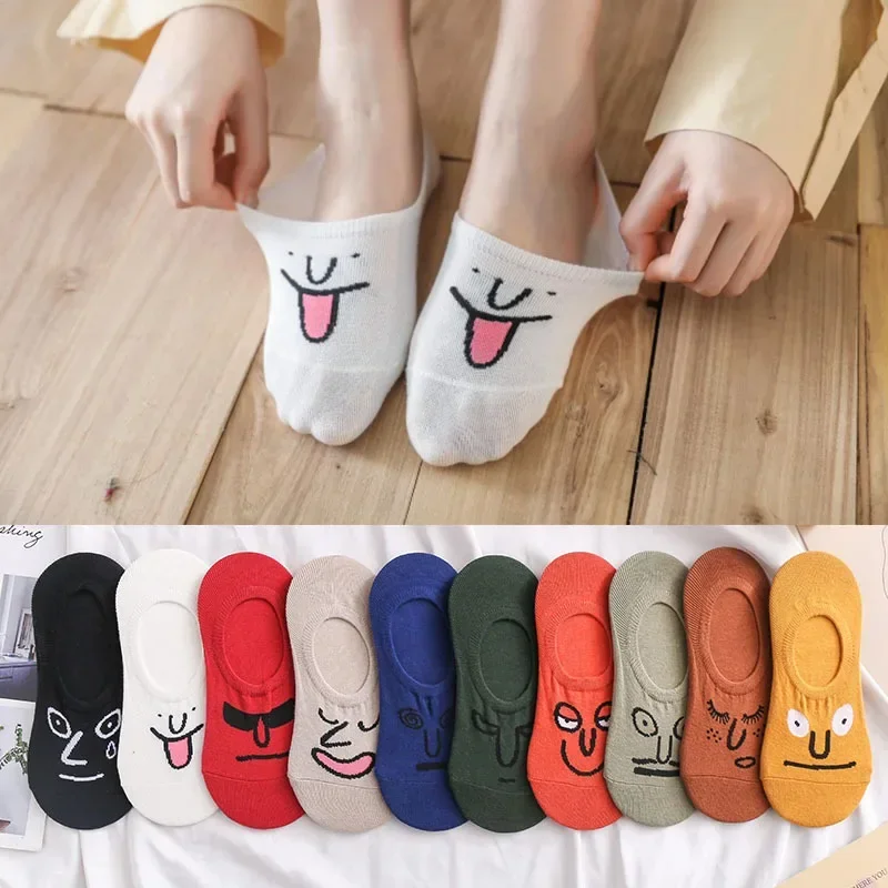 

3 Pairs Women Socks Candy Color Cartoon Pattern Boat Sock for Summer Breathable Casual Girls Funny Face Fashion Invisible Socks