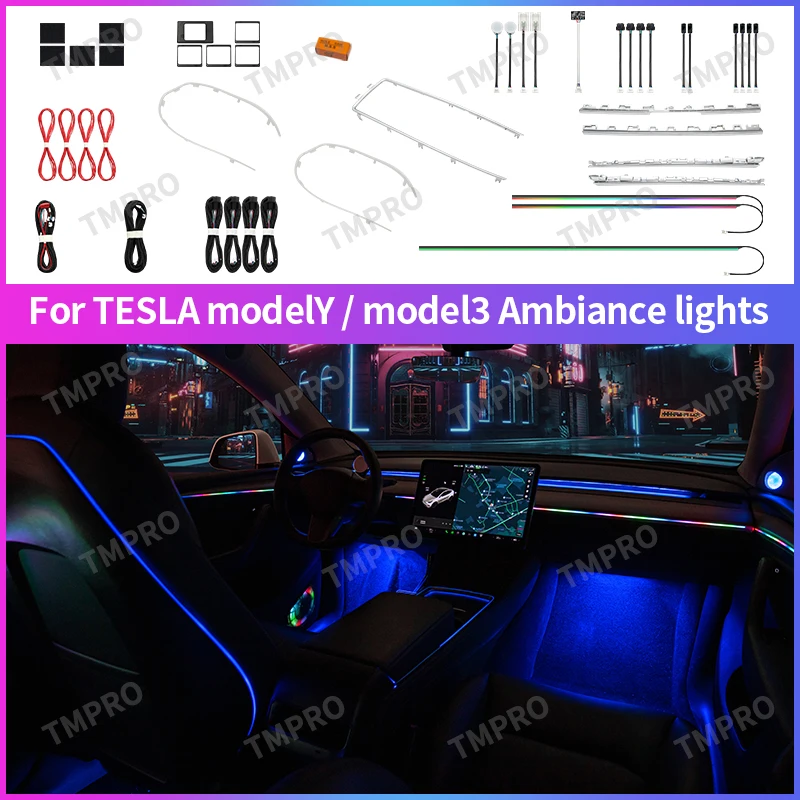 

Applicable for 2021-2024 Tesla Model3 ModelY Car Ambient Lights Automotive Interior Decoration64 Colors LED Safety assistance