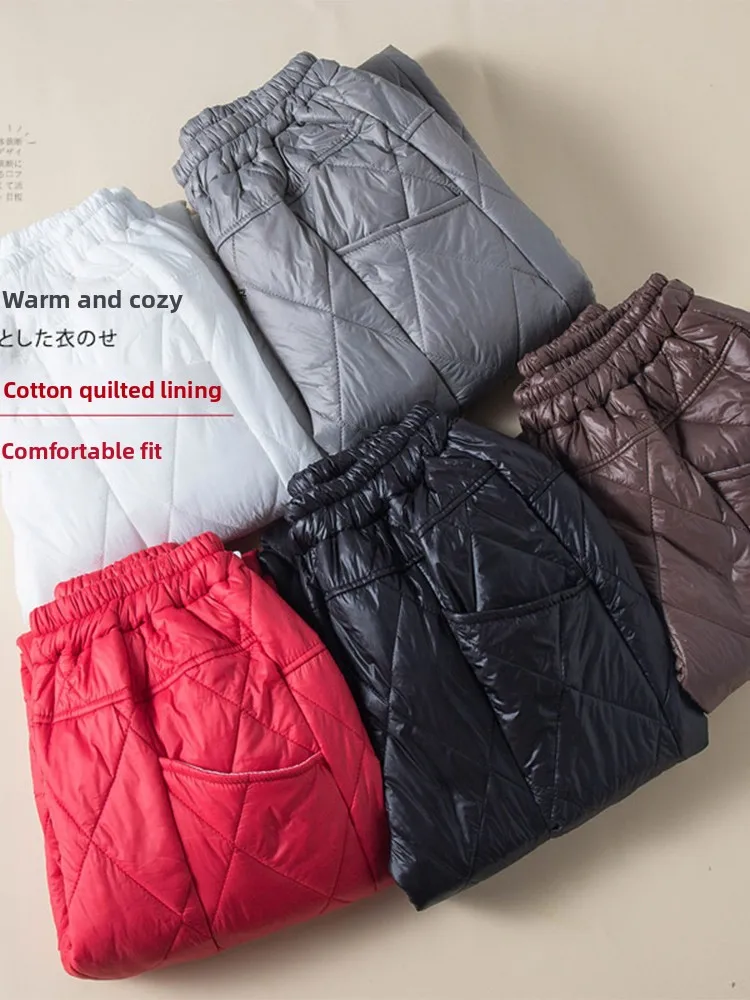 Plus Size Damen Daunen-Baumwollmischung, leichte lange Hose, hohe Taille, gerades Bein, verdickte Baumwoll-Oberbekleidung, Herbst-Winter