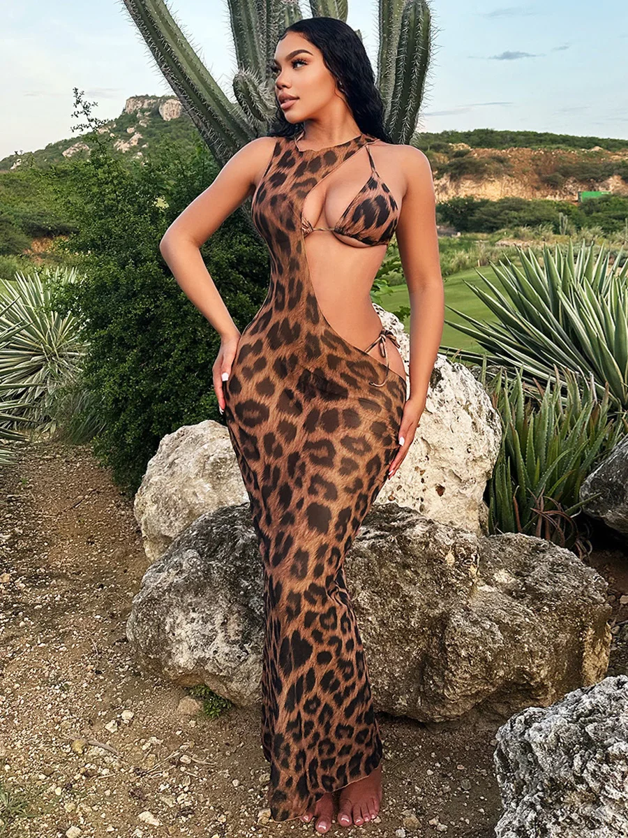 Halter Leopard plażowy narzutka na Bikini damski strój kąpielowy damski strój kąpielowy trzyczęściowy zestaw Bikini Mini mikro kostium kąpielowy