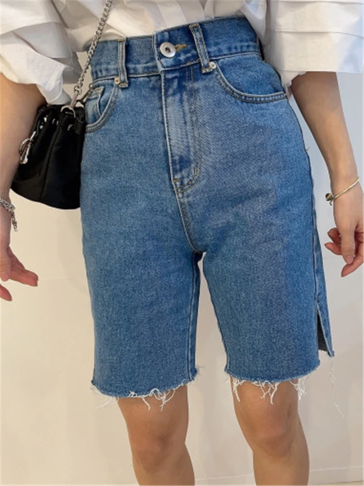 Seoulish Mùa Hè Nóng Quần Short Jean Nữ Cao Cấp Nữ Tua Rua Denim Quần Short Jeans Nửa Quần Femme 2022 Dạo Phố