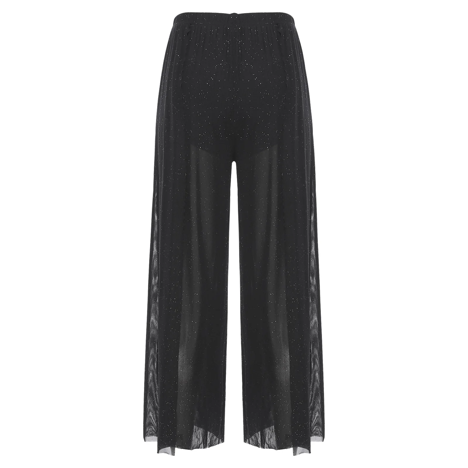 女性きらめくメッシュワイドレッグパンツ弾性ウエストサイドスリット内蔵ショーツロングパンツベリーダンススクエアダンスパフォーマンス用