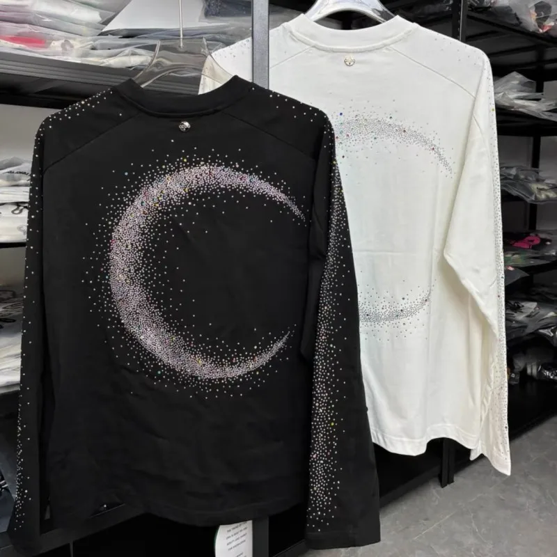 Black White Men Women Starry Sky Shining Crescent Moon GOODBRAND Long Sleeve Hotfix Rhinestone Letter Raglan Sleeve Tshirts