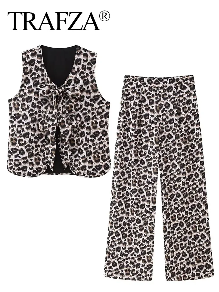 TRAFZA Women Vintage Leopard Print Pant Suit Bow Tie V Neck Sleeveless Vest Top Coat + Losse Trousers Spring Streetwear Sets