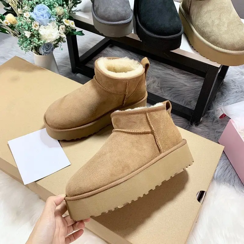 2027 Winter LuxuryLook Couple UltraMini Ankle Snow Boots Real Leather ThickHeel Fur Lined Unisex Warm NonSlip Winter Booties