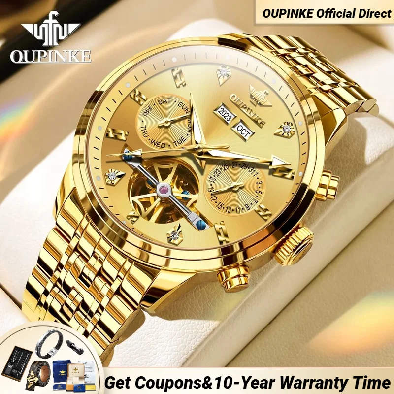 

OUPINKE 3248 Luxury Hollow Mechanical Watch for Men Auto Date Multi-function Waterproof Wristwatch Top Brand Flywheel Man Watch