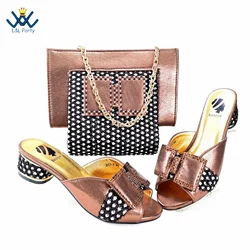 Wedding Party New Fashion Arrivals Shoes and Bag Set in Coffee Color Lovely Elegant Women Slipper with Shinning Crystal