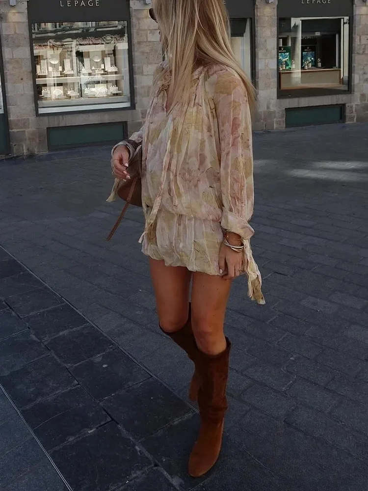 KONDALA Vintage vacances fleur imprimé femmes robe à manches longues col en V à volants Mini robe mode 2025 printemps été élégant Vestido