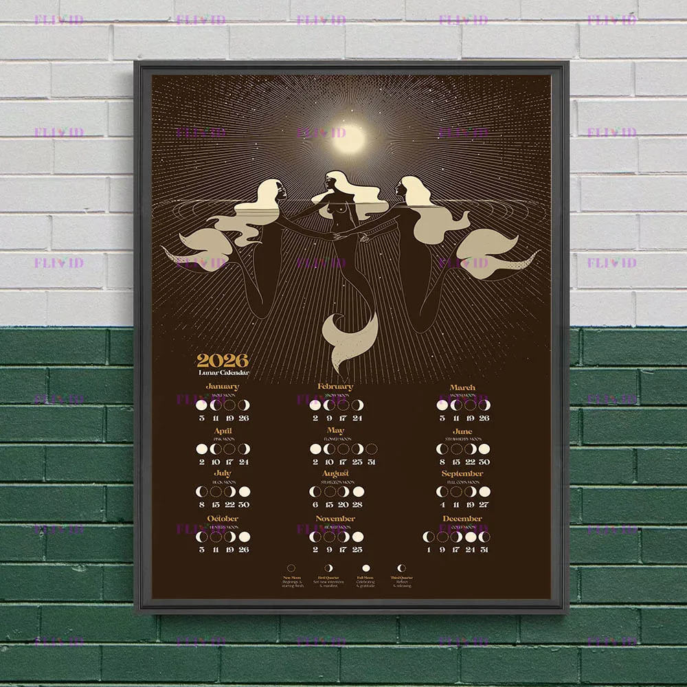 2026 Lunar Phase Calendar, Moon Magic Wall Art Canvas Painting,Moon Phases Witchcraft Art Poster And Print Home Decor Unframed