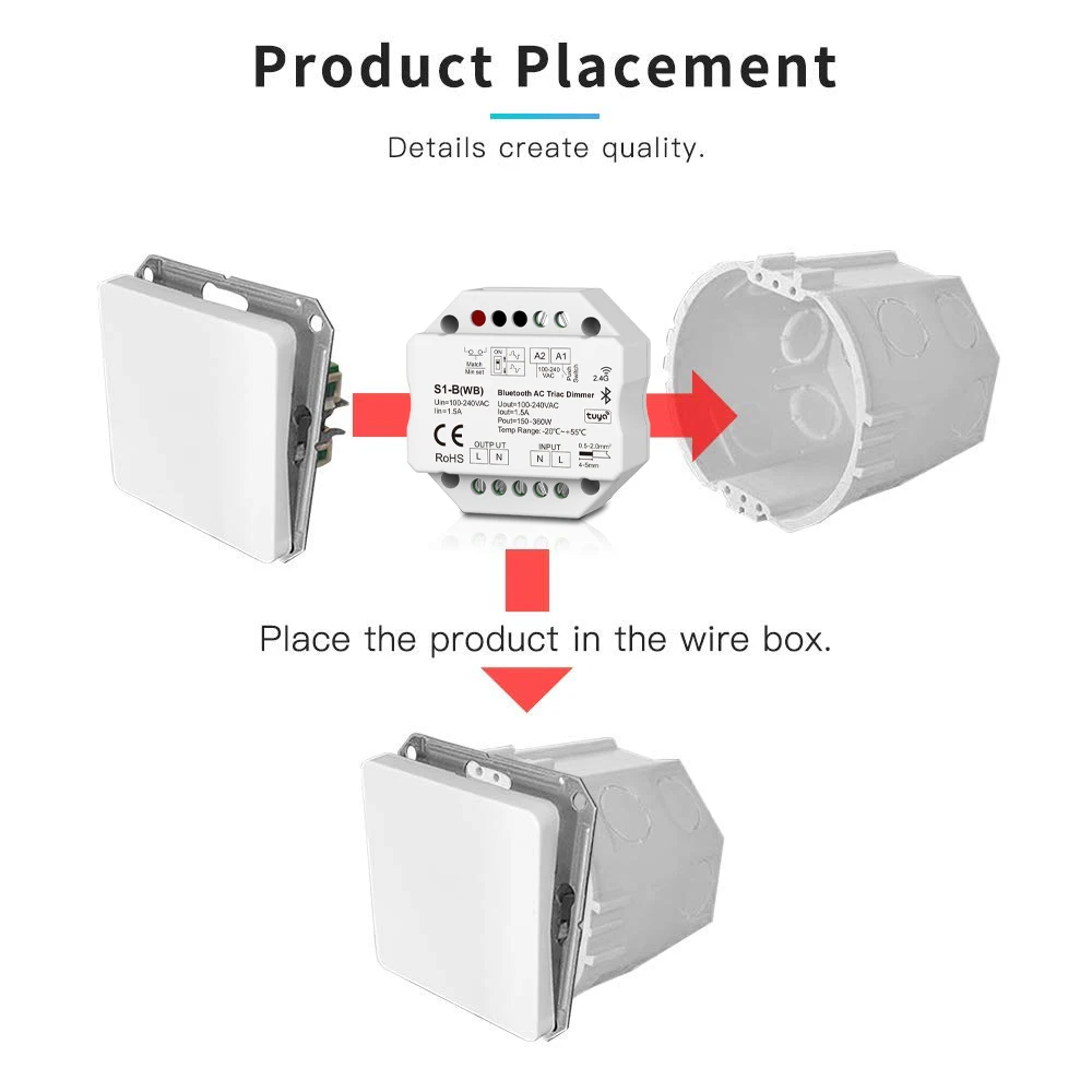 التيرستورات التيار المتناوب باهتة مفتاح الإضاءة دفع التحكم سطوع بلوتوث المنزل الذكية مصباح ليد باهتة TUYA APP/صوت/2.4G RF التحكم عن بعد #6