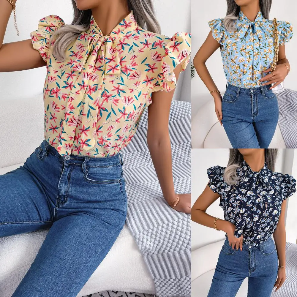 

Casual Floral Print Chiffon Top with Bow Knot And Wood ain Cross-Border Women's Autumn Season Svel Top