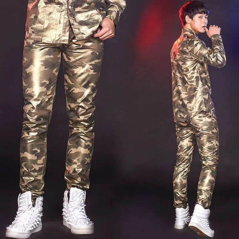 New Male Stage Performance Costumes Camouflage Shirts Pants Sets Men Singer Bar Nightclub Dj Performance Shirts Coats