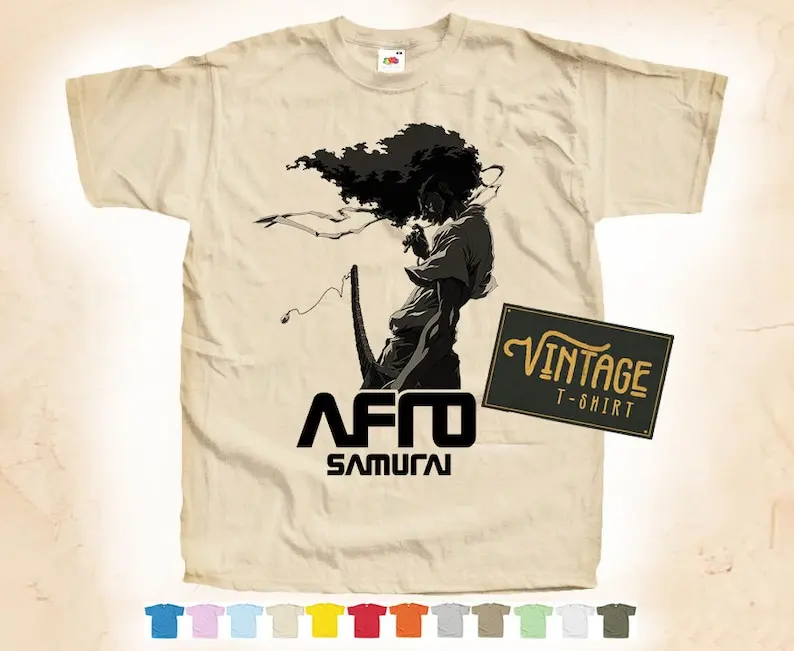 BLACK Print: Afro Samurai V1 T shirt Tee Natural VINTAGE Cotton Movie Poster Beige 12 colors All Sizes